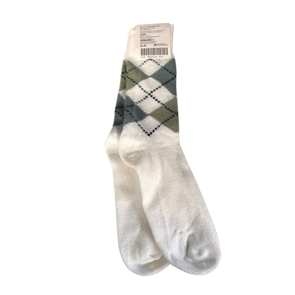 NOS Vintage Sears Socks Argyle Mens Size 10-13 Acrylic Nylon USA Blue White